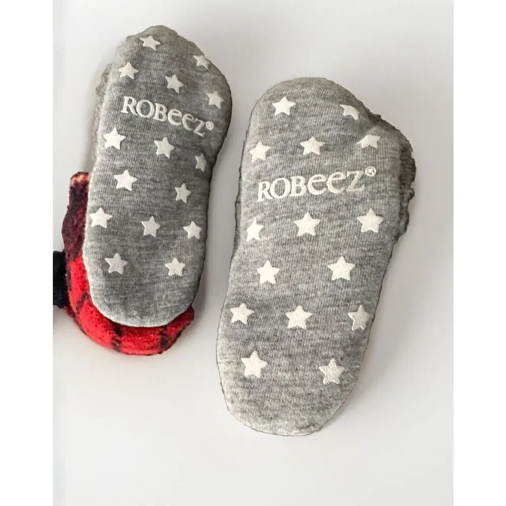 Robeez Leather Flannel Plaid Grey Black Crib Shoes Boots baby boy 6-12 M EUC
